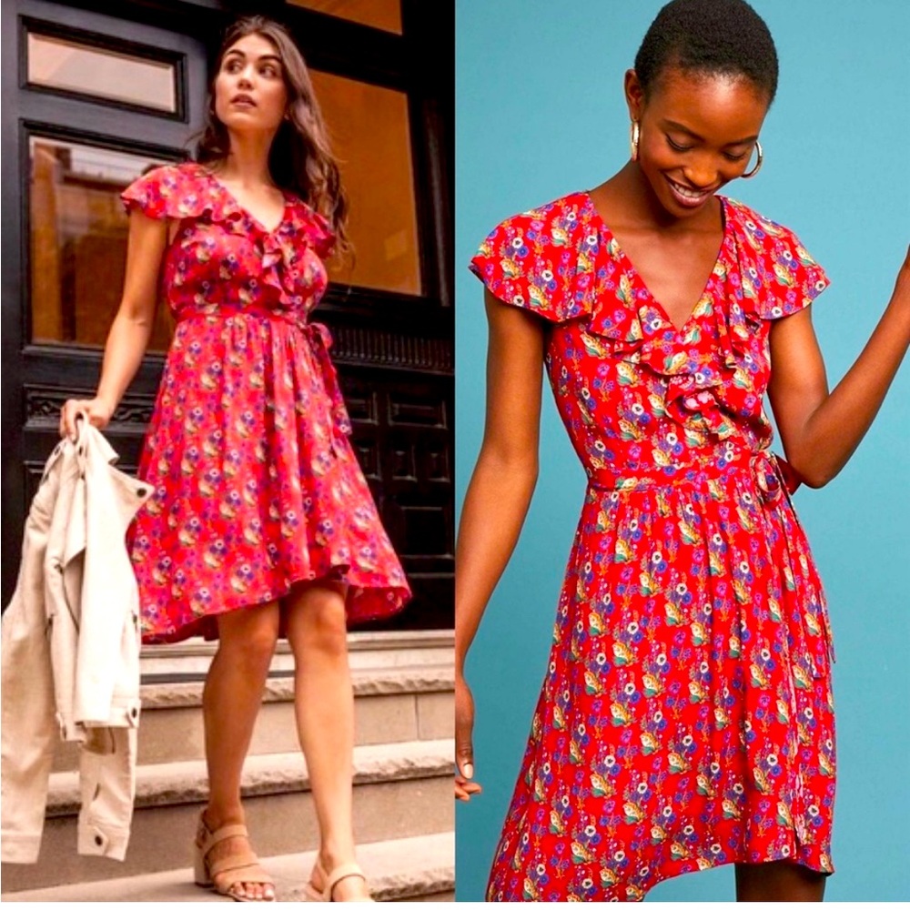 Anthropologie Maeve Rosalia Red Floral Faux Wrap Dress Sz 14